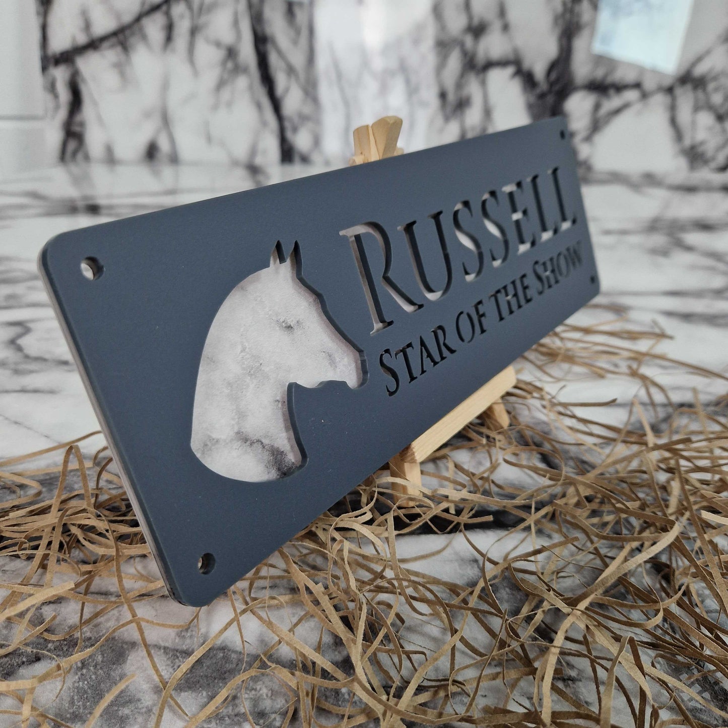Matt Black and White Marble Effect Laser Horse Stable Personalised Sign