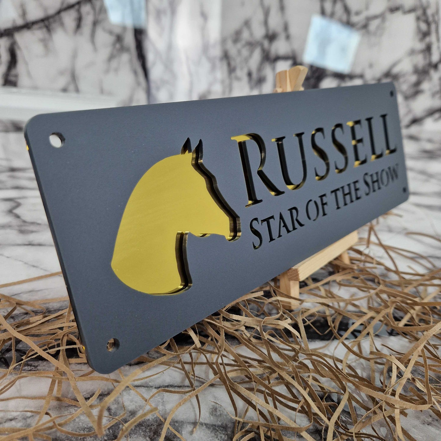 Anthracite Grey and Gold Mirror Effect Laser Horse Stable Personalised Sign