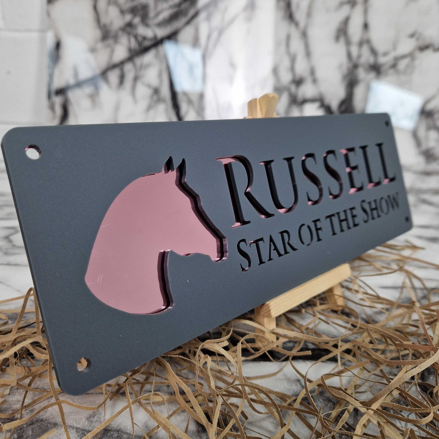 Anthracite Grey and Rose Gold Mirror Effect Laser Horse Stable Personalised Sign