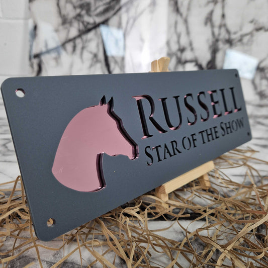 Anthracite Grey and Rose Gold Mirror Effect Laser Horse Stable Personalised Sign