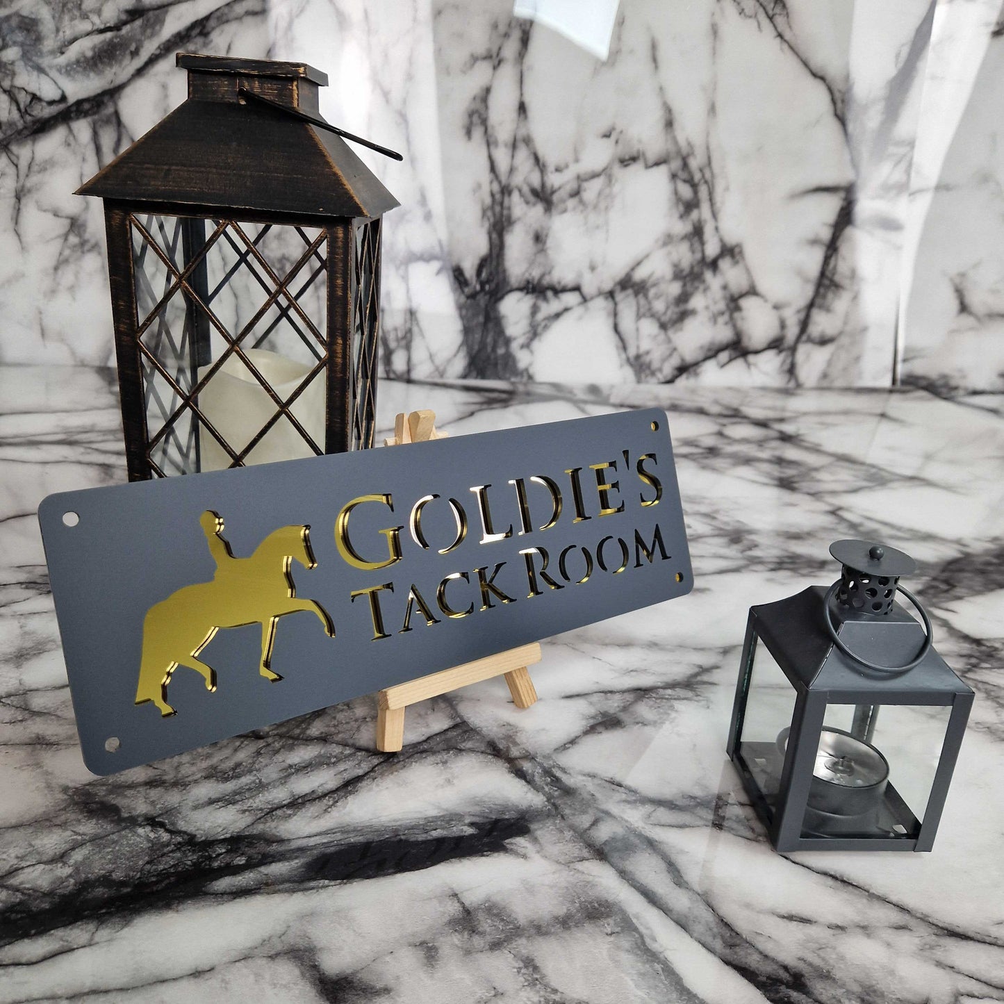 Anthracite Grey and Gold Mirror Effect Laser Horse Stable Personalised Sign