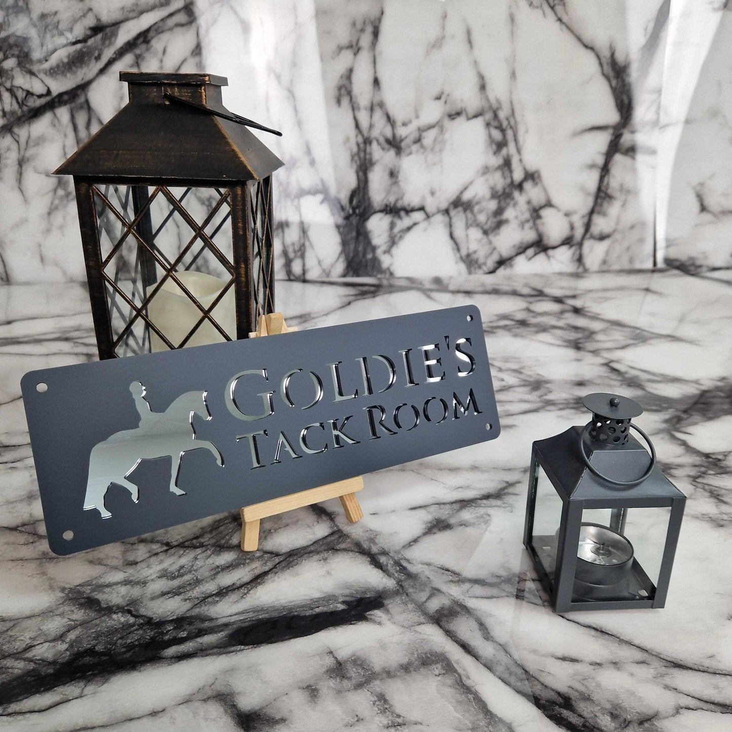 Anthracite Grey and Silver Mirror Laser Horse Stable Personalised Sign