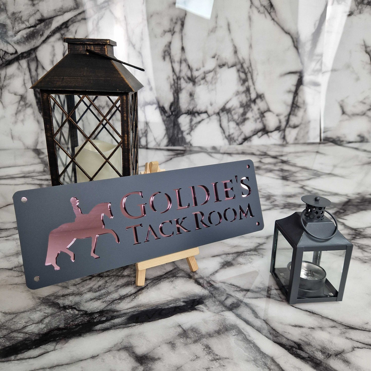 Anthracite Grey and Rose Gold Mirror Effect Laser Horse Stable Personalised Sign