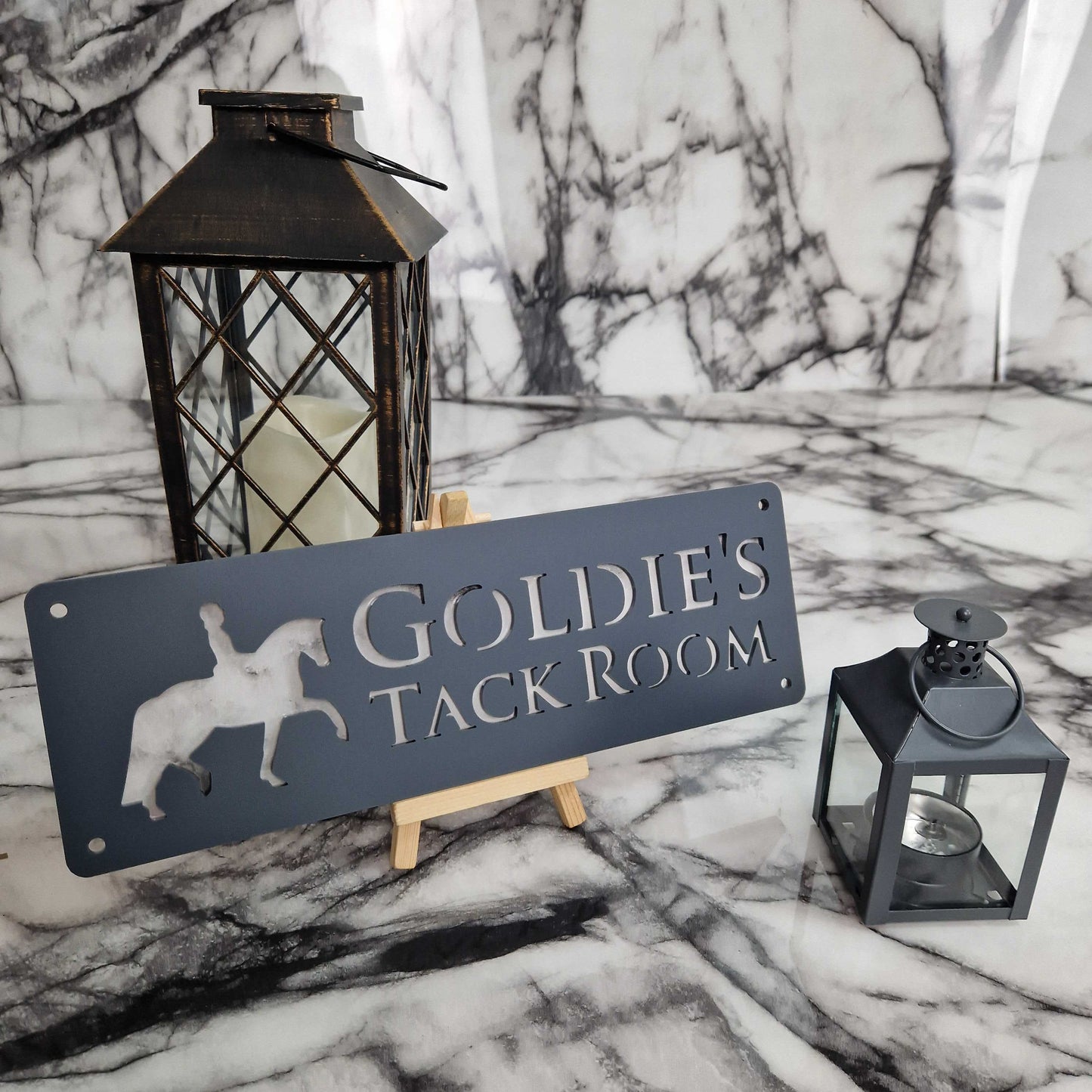 Matt Black and White Marble Effect Laser Horse Stable Personalised Sign
