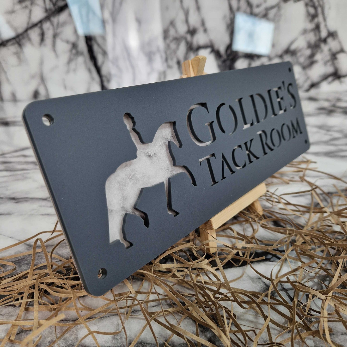 Matt Black and White Marble Effect Laser Horse Stable Personalised Sign