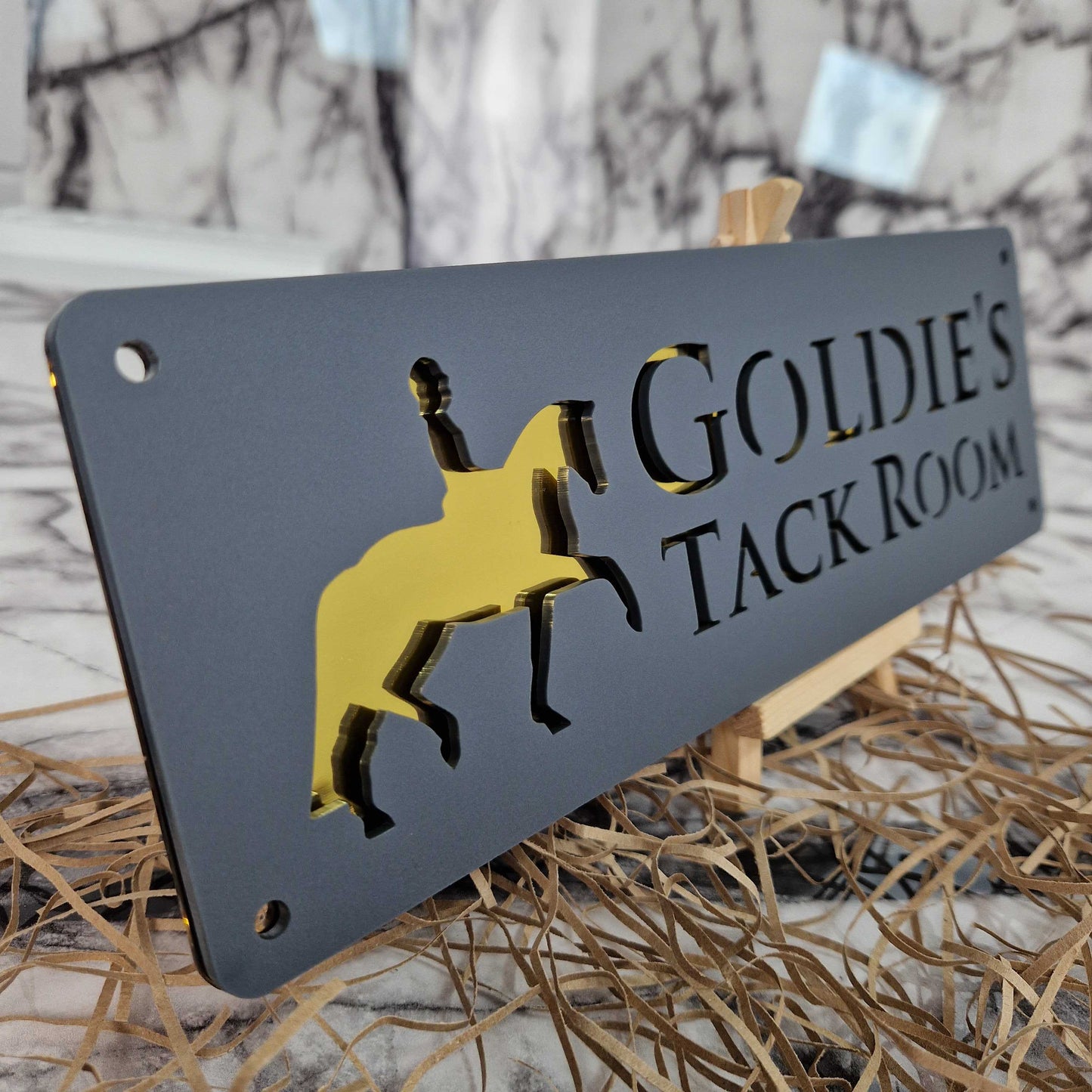 Anthracite Grey and Gold Mirror Effect Laser Horse Stable Personalised Sign