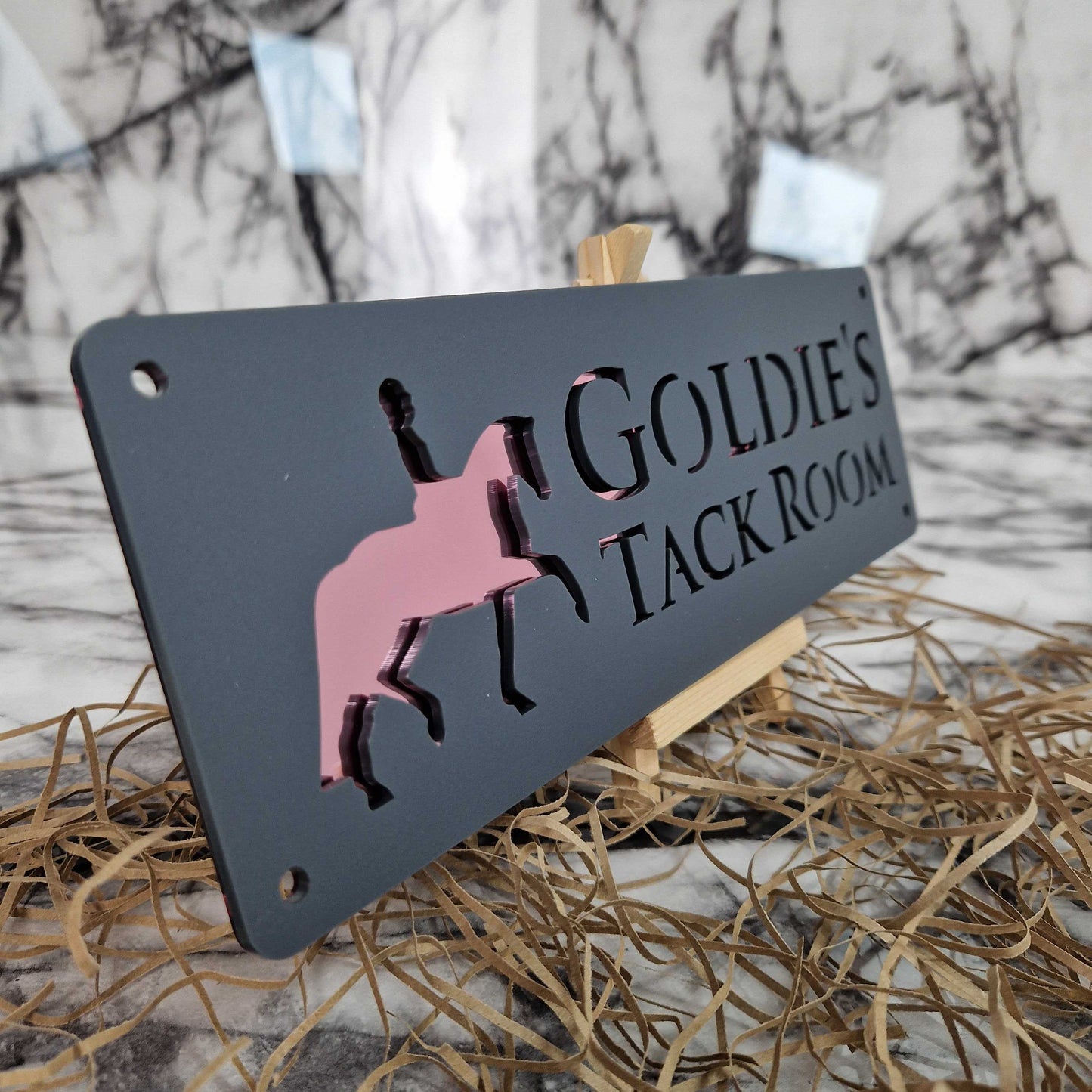Anthracite Grey and Rose Gold Mirror Effect Laser Horse Stable Personalised Sign