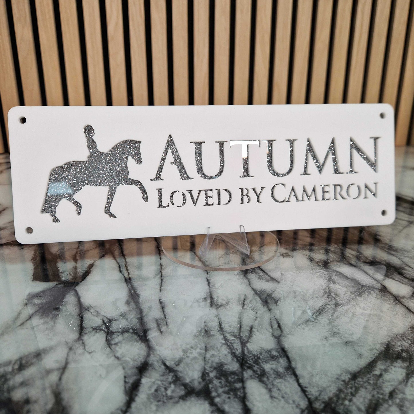 White and Silver Glitter Effect Laser Horse Stable Personalised Sign