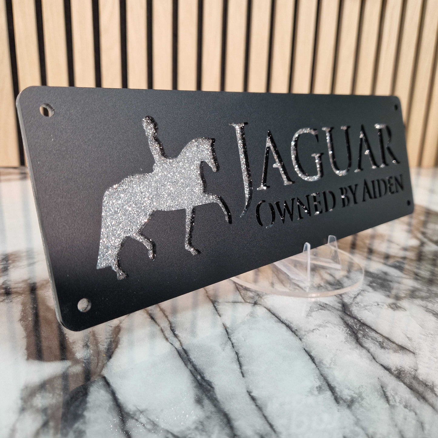 Black and Silver Glitter Effect Laser Horse Stable Personalised Sign