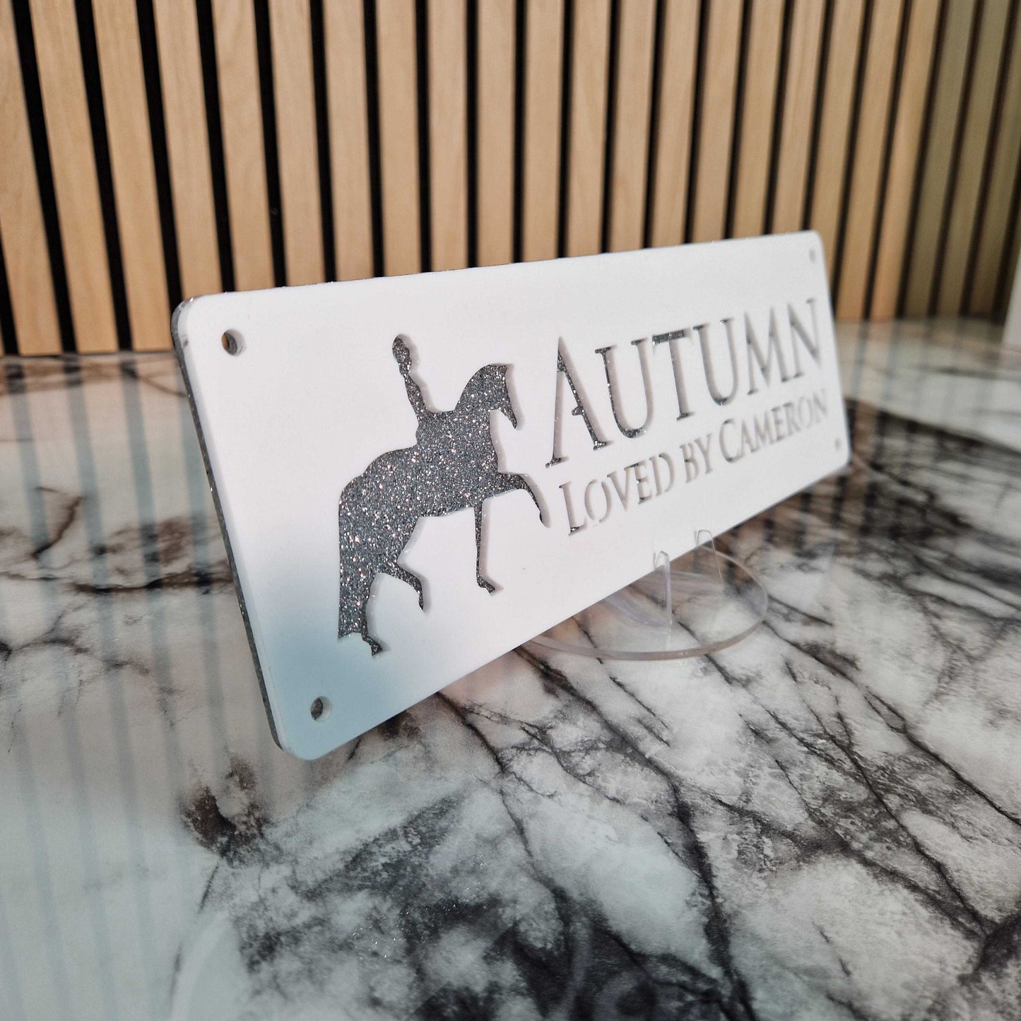 White and Silver Glitter Effect Laser Horse Stable Personalised Sign