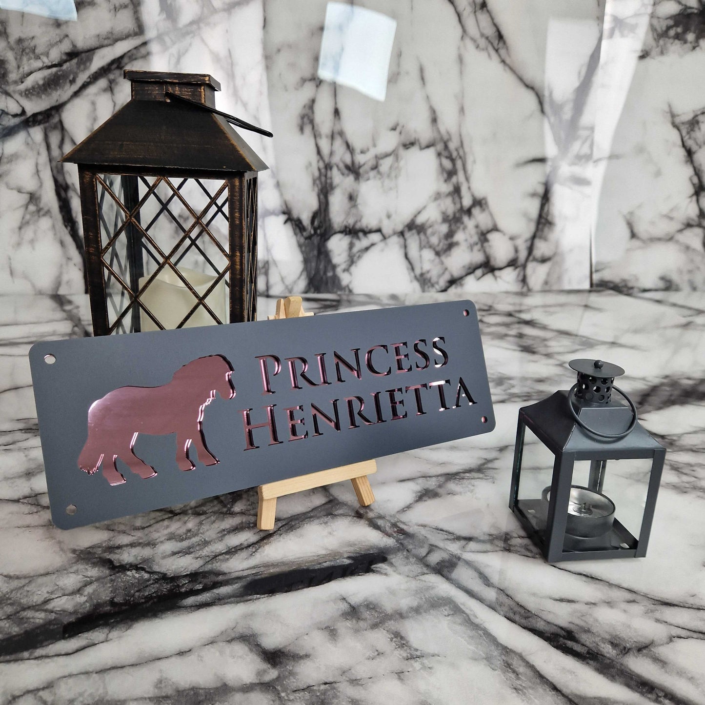 Anthracite Grey and Rose Gold Mirror Effect Laser Horse Stable Personalised Sign
