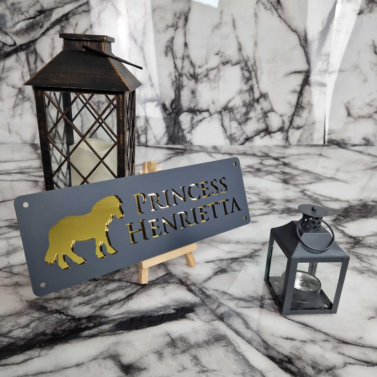 Anthracite Grey and Gold Mirror Effect Laser Horse Stable Personalised Sign