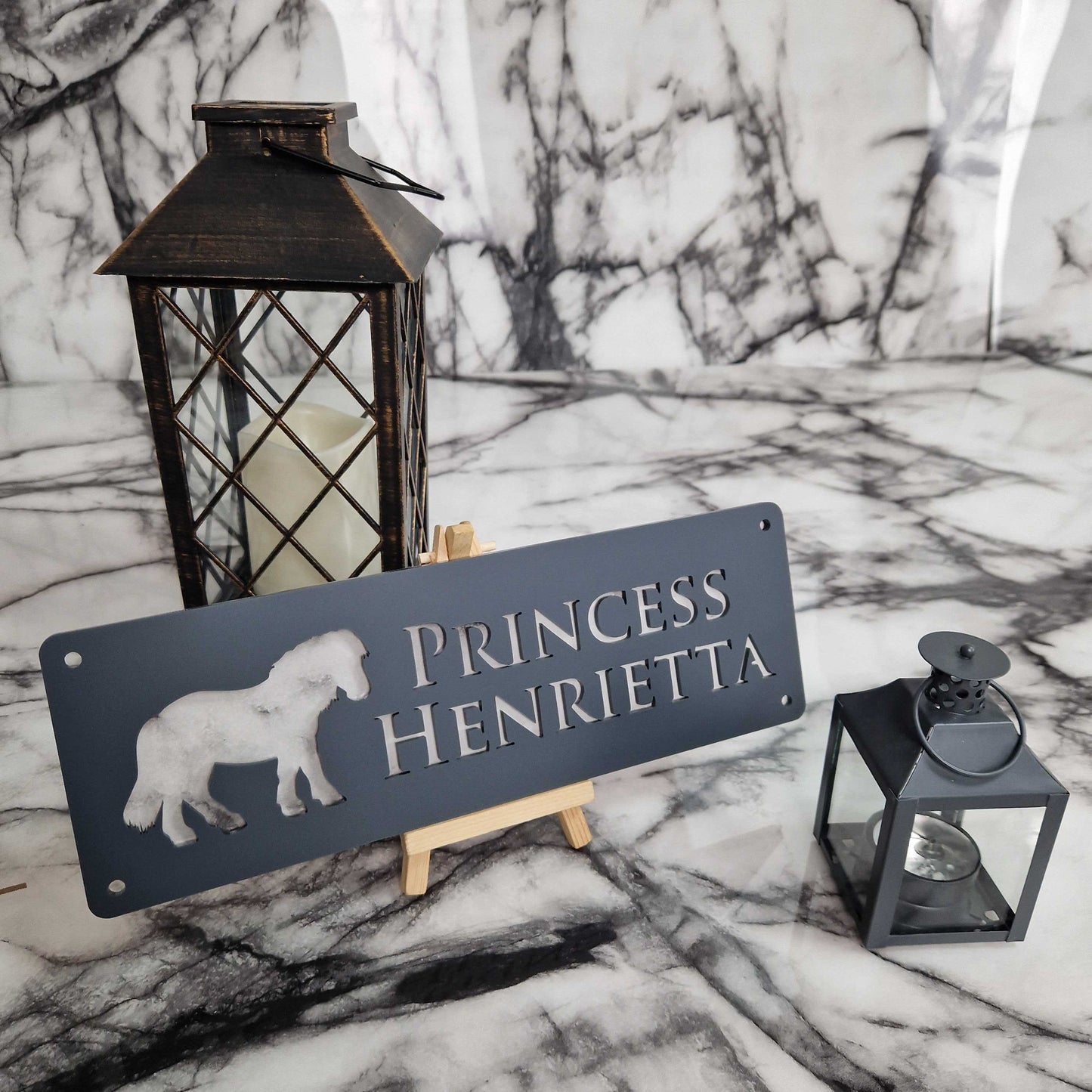 Matt Black and White Marble Effect Laser Horse Stable Personalised Sign