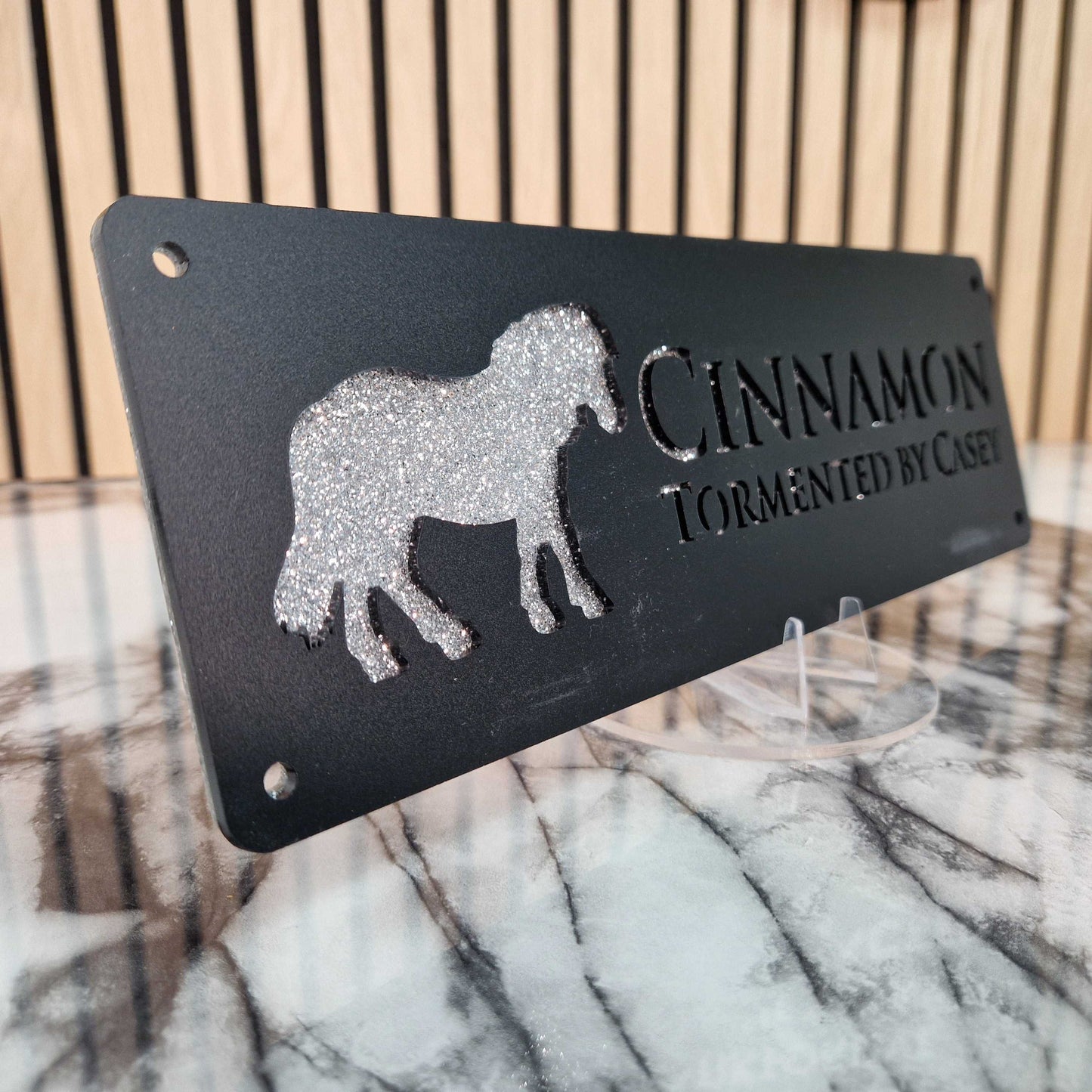 Black and Silver Glitter Effect Laser Horse Stable Personalised Sign