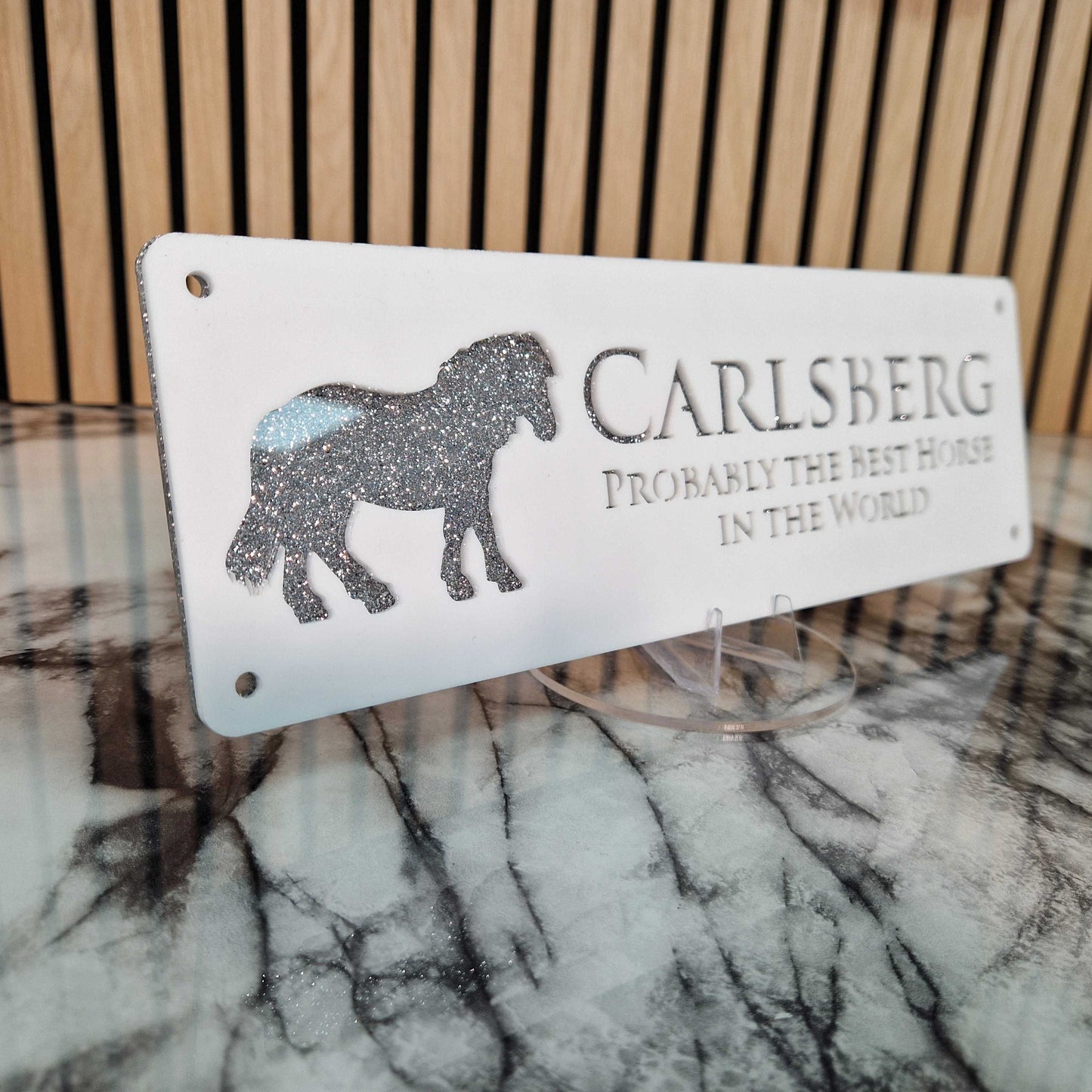 White and Silver Glitter Effect Laser Horse Stable Personalised Sign