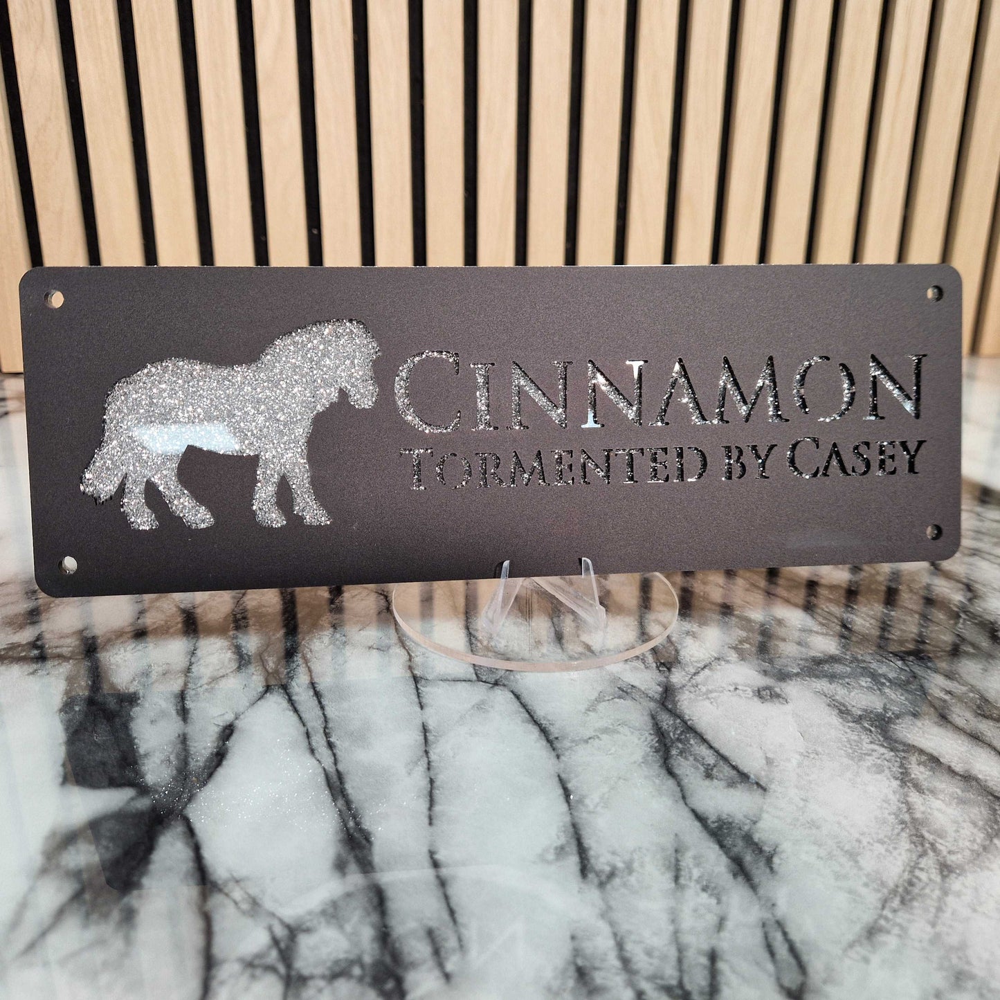 Black and Silver Glitter Effect Laser Horse Stable Personalised Sign