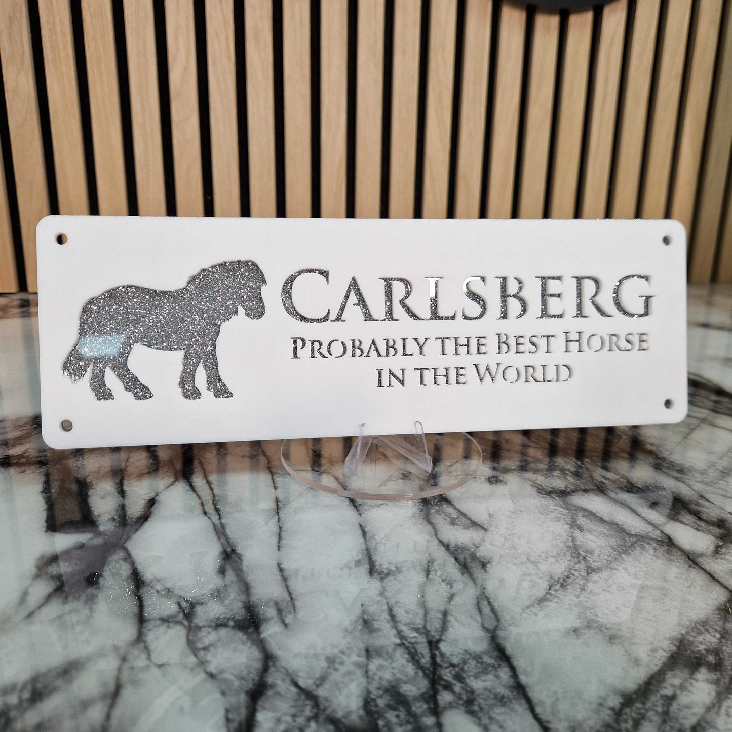 White and Silver Glitter Effect Laser Horse Stable Personalised Sign
