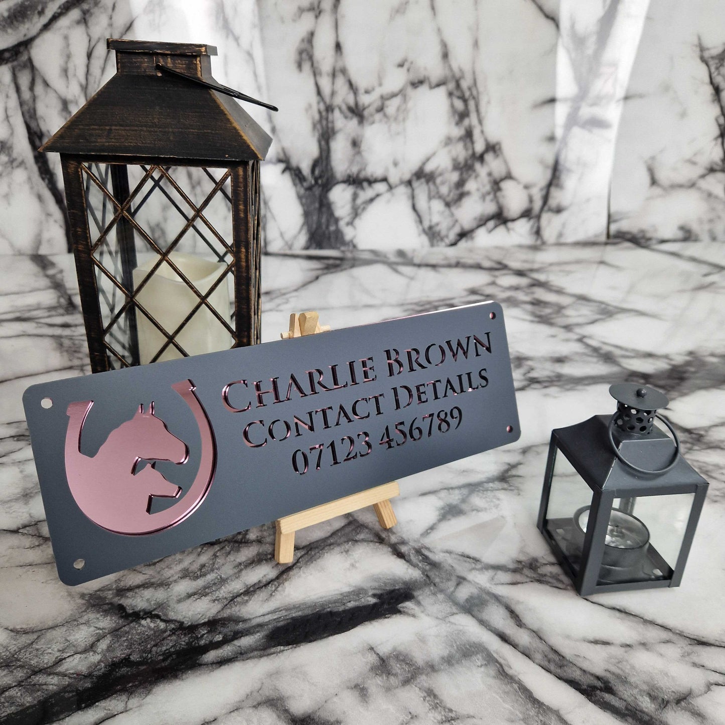 Anthracite Grey and Rose Gold Mirror Effect Laser Horse Stable Personalised Sign