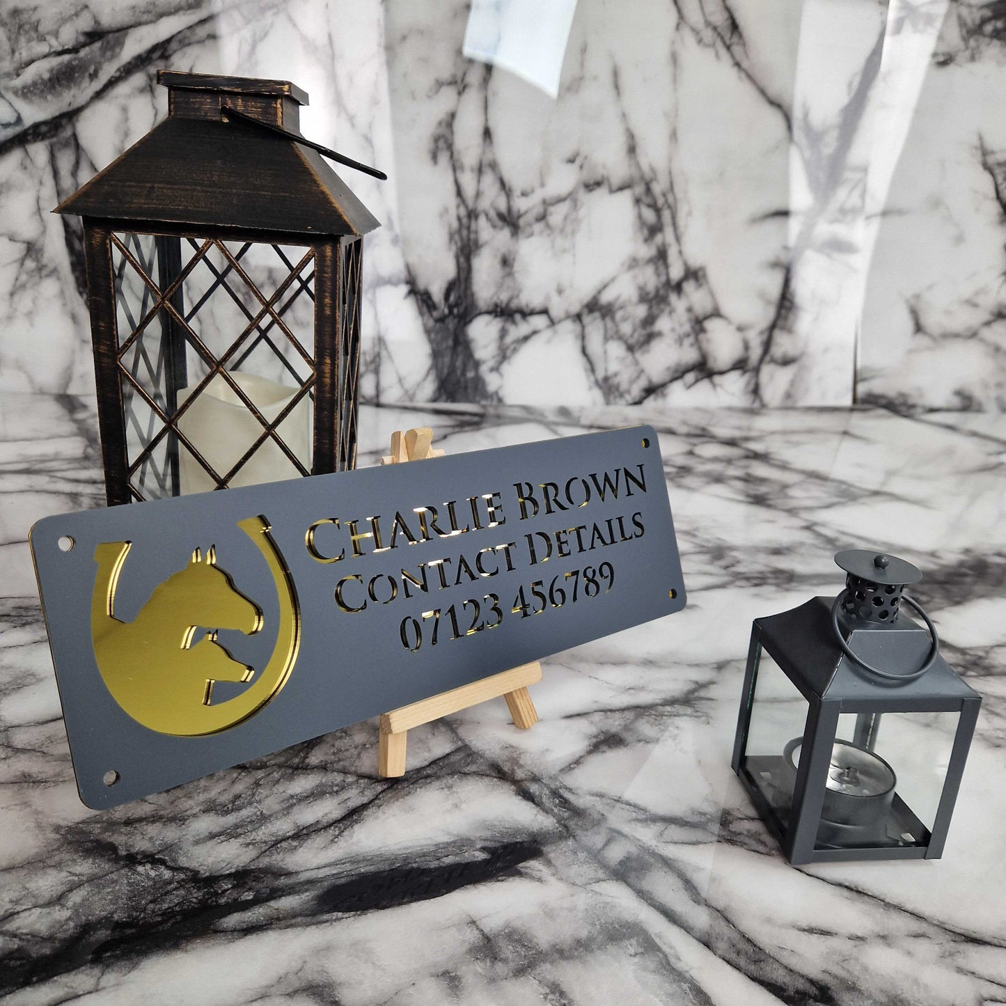 Anthracite Grey and Gold Mirror Effect Laser Horse Stable Personalised Sign