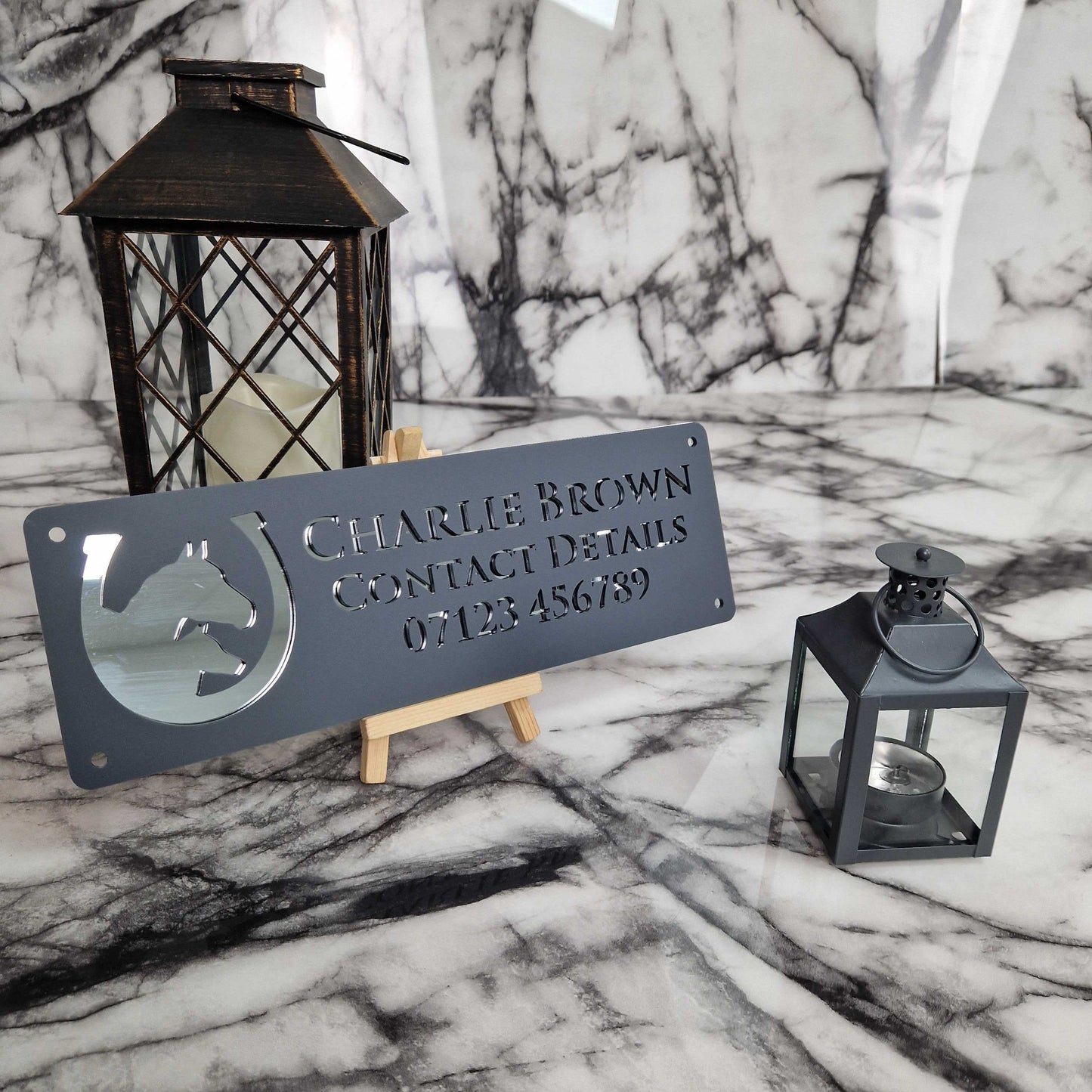 Anthracite Grey and Silver Mirror Laser Horse Stable Personalised Sign