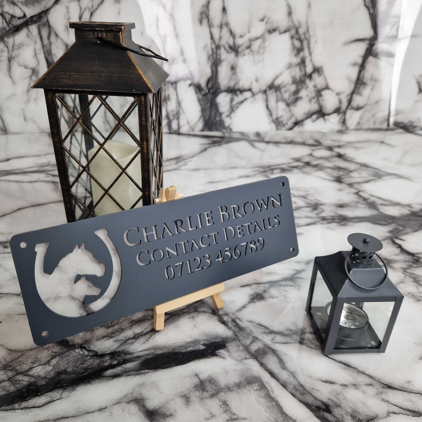 Matt Black and White Marble Effect Laser Horse Stable Personalised Sign