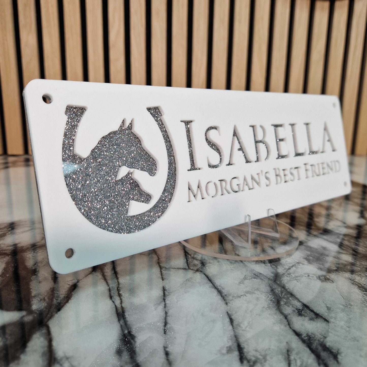 White and Silver Glitter Effect Laser Horse Stable Personalised Sign
