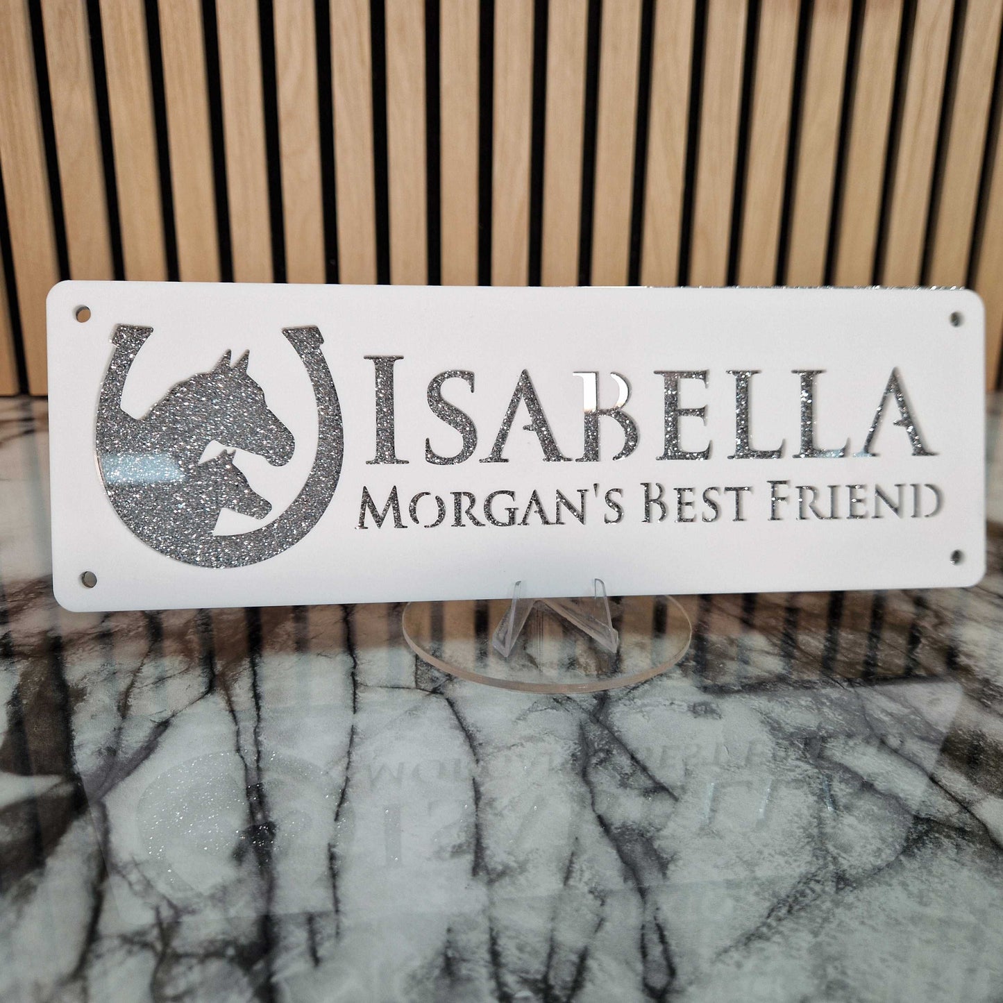 White and Silver Glitter Effect Laser Horse Stable Personalised Sign