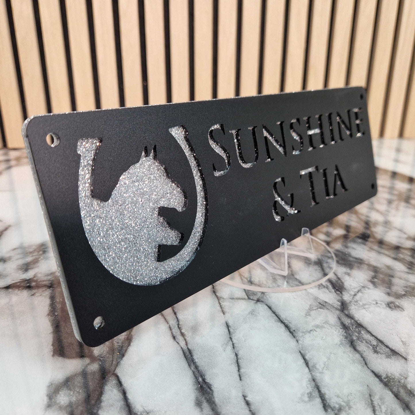 Black and Silver Glitter Effect Laser Horse Stable Personalised Sign