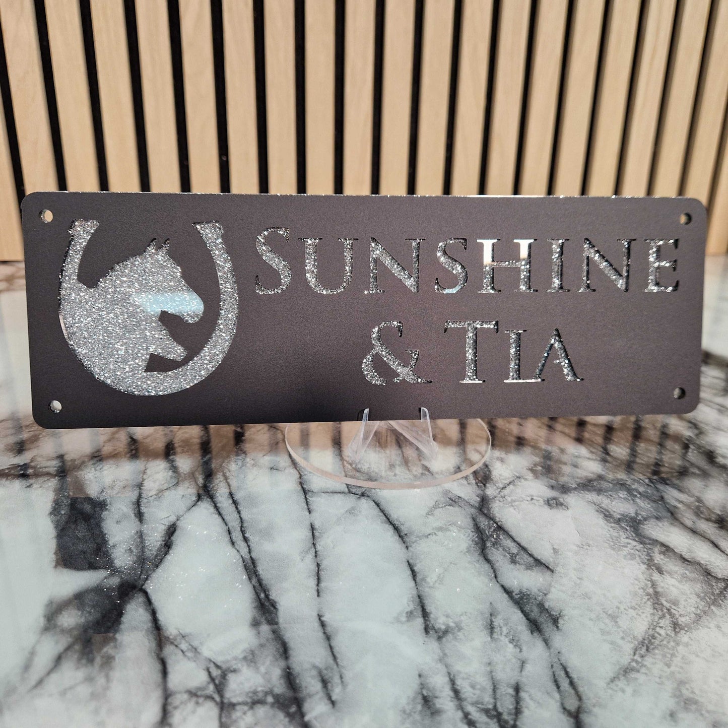 Black and Silver Glitter Effect Laser Horse Stable Personalised Sign