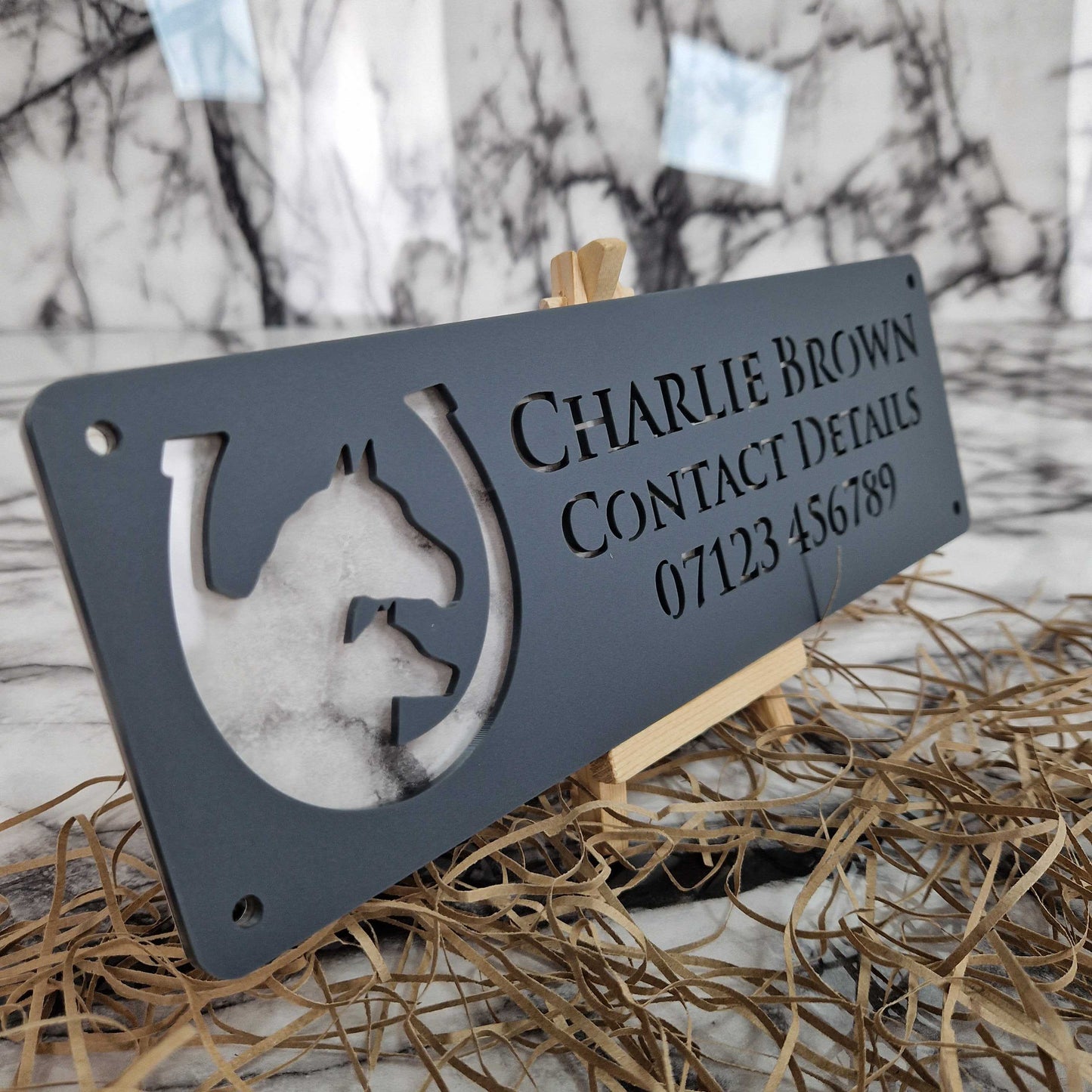 Matt Black and White Marble Effect Laser Horse Stable Personalised Sign