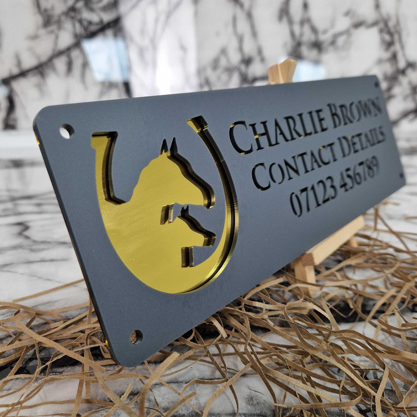 Anthracite Grey and Gold Mirror Effect Laser Horse Stable Personalised Sign