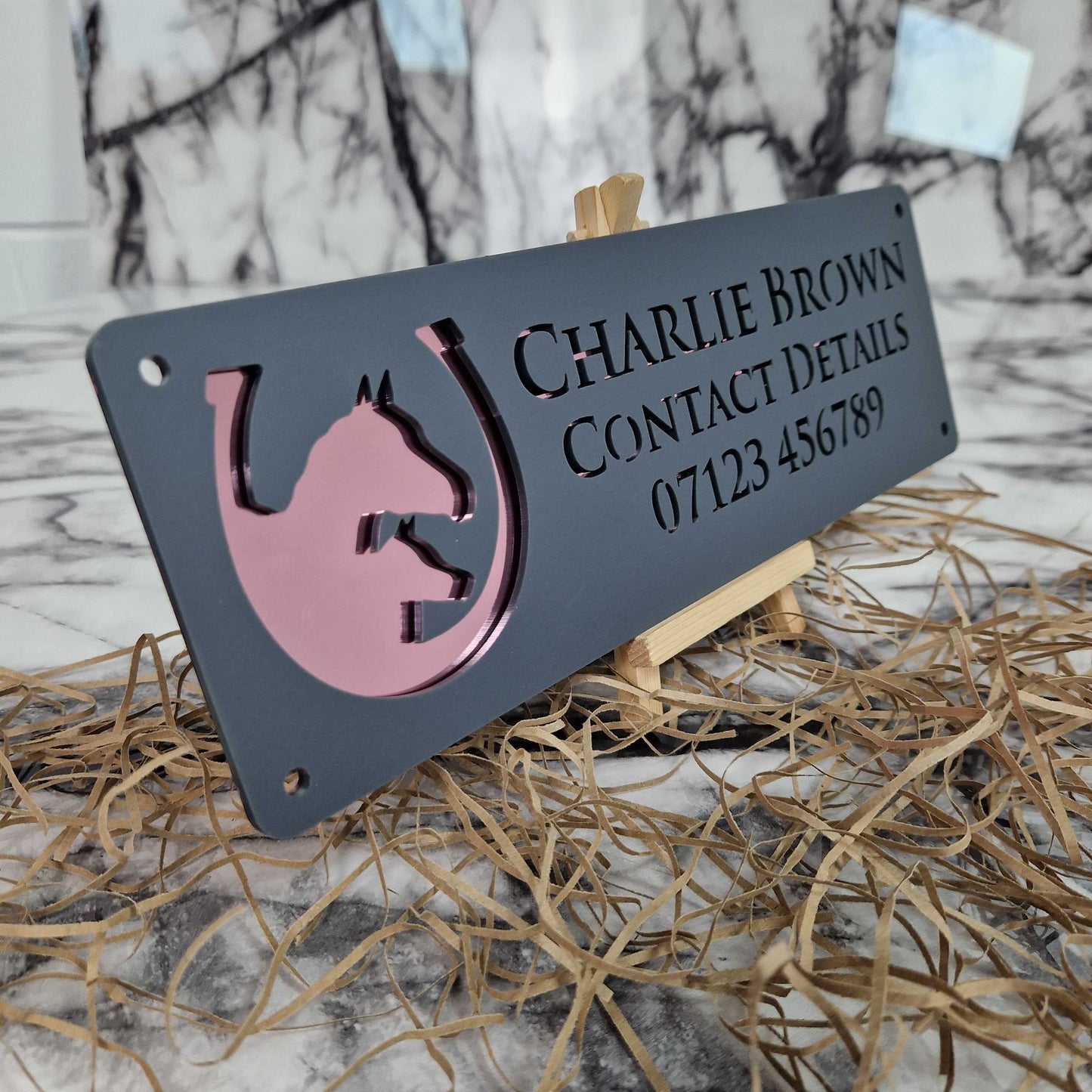 Anthracite Grey and Rose Gold Mirror Effect Laser Horse Stable Personalised Sign