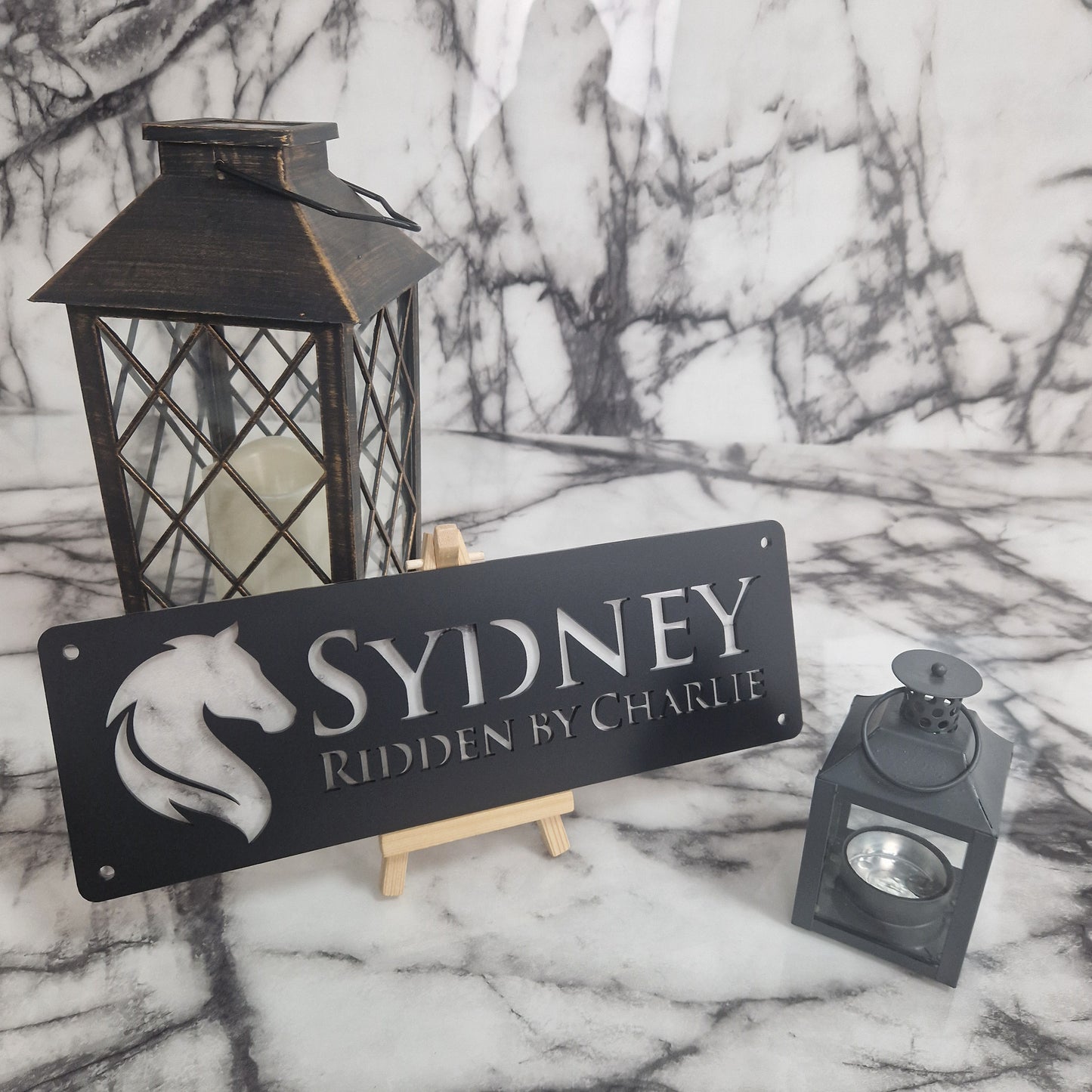 Black and White Marble Laser Horse Stable Personalised Sign