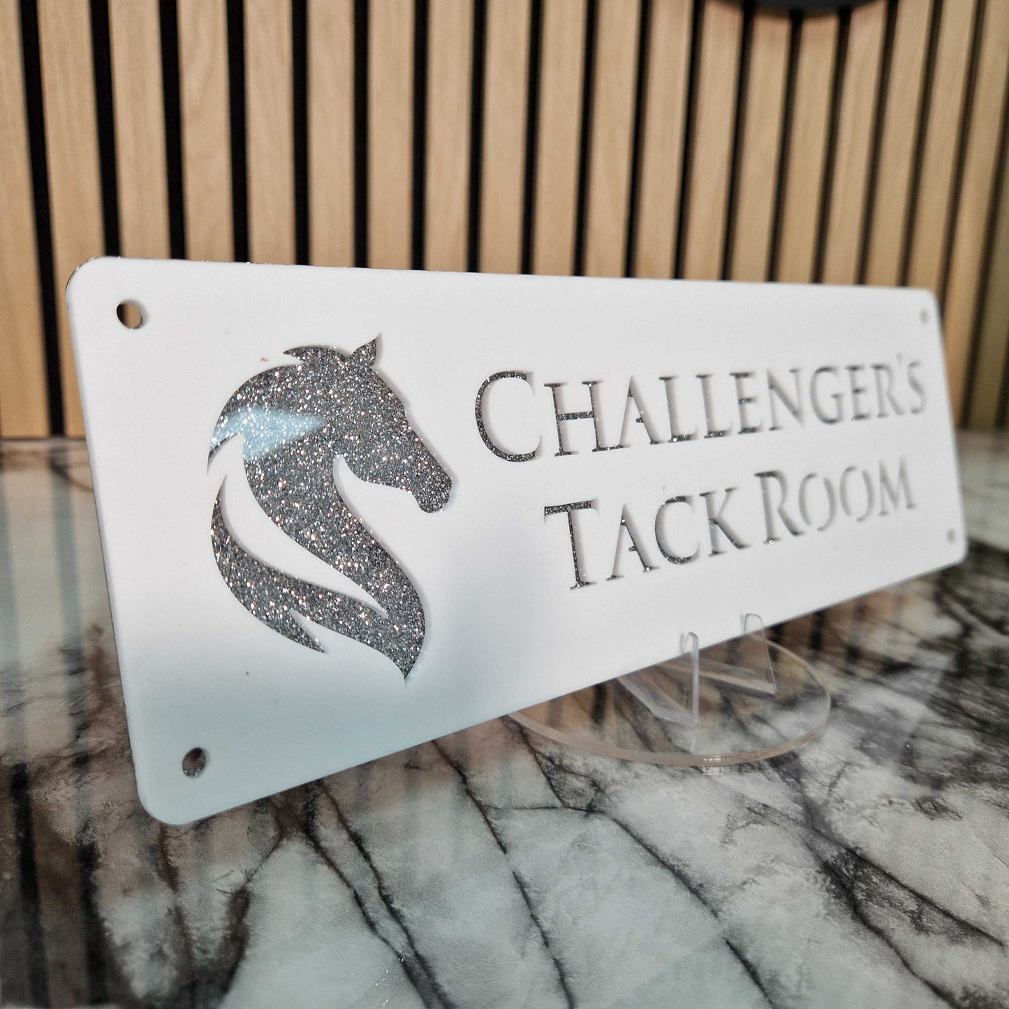 White and Silver Glitter Effect Laser Horse Stable Personalised Sign