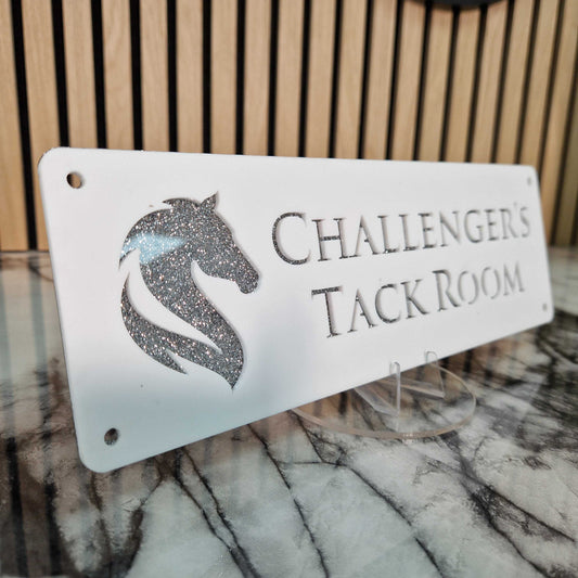 White and Silver Glitter Effect Laser Horse Stable Personalised Sign