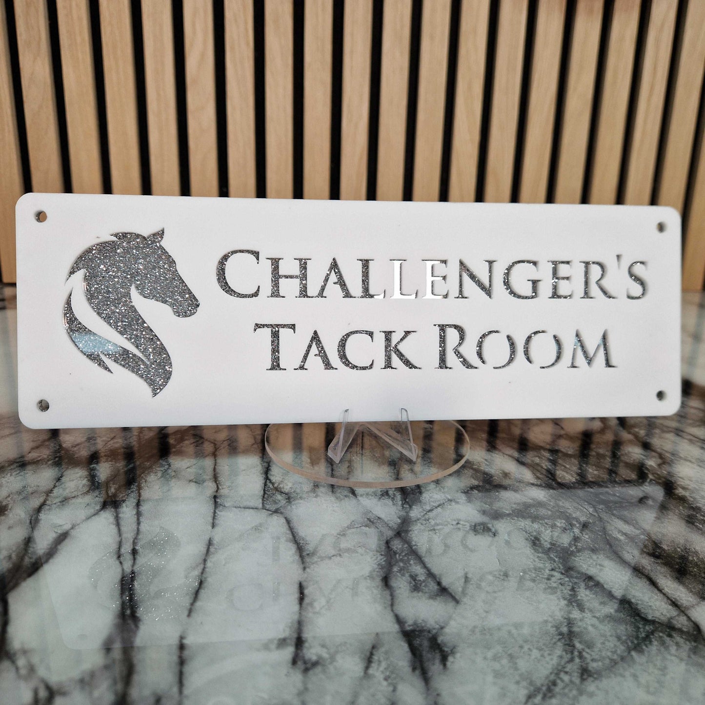 White and Silver Glitter Effect Laser Horse Stable Personalised Sign
