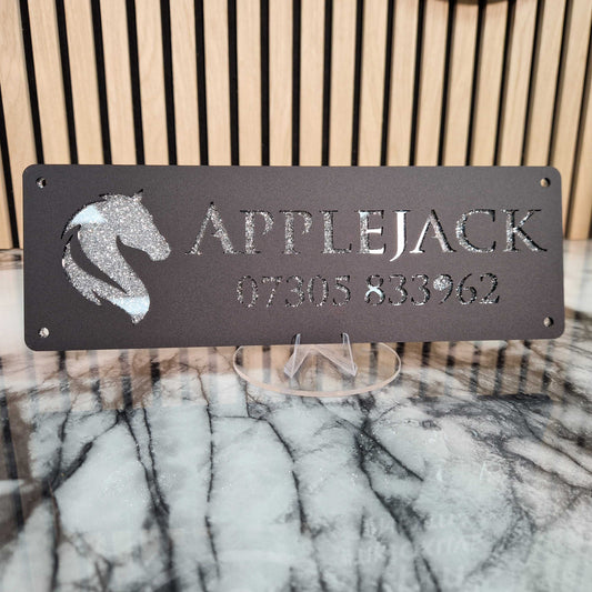 Black and Silver Glitter Effect Laser Horse Stable Personalised Sign