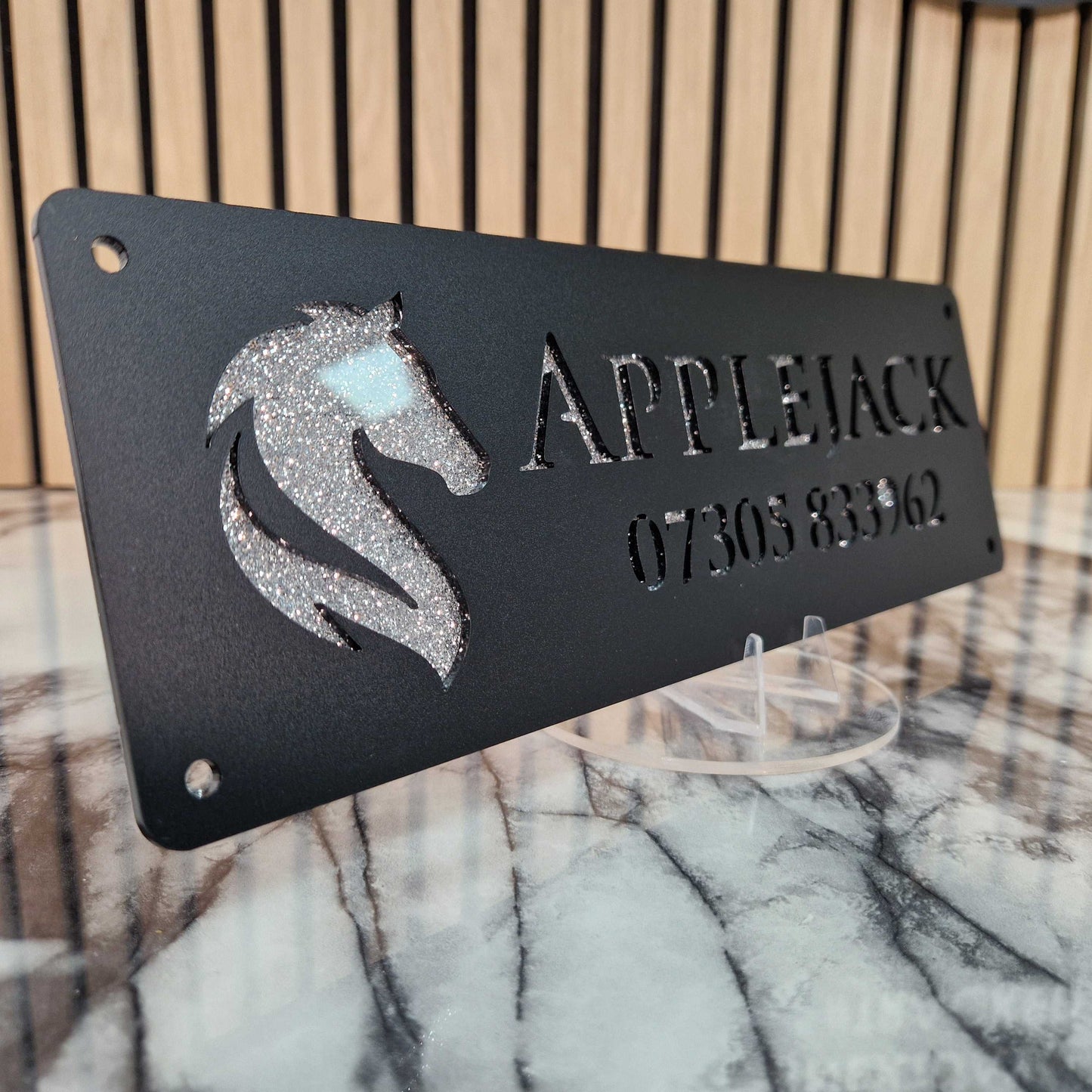Black and Silver Glitter Effect Laser Horse Stable Personalised Sign