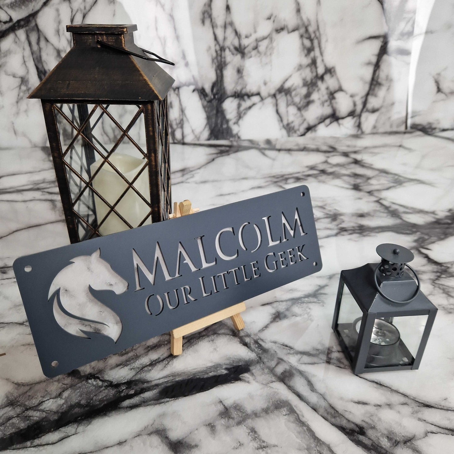 Matt Black and White Marble Effect Laser Horse Stable Personalised Sign