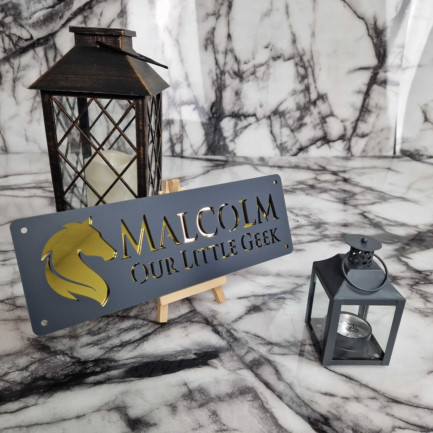 Anthracite Grey and Gold Mirror Effect Laser Horse Stable Personalised Sign