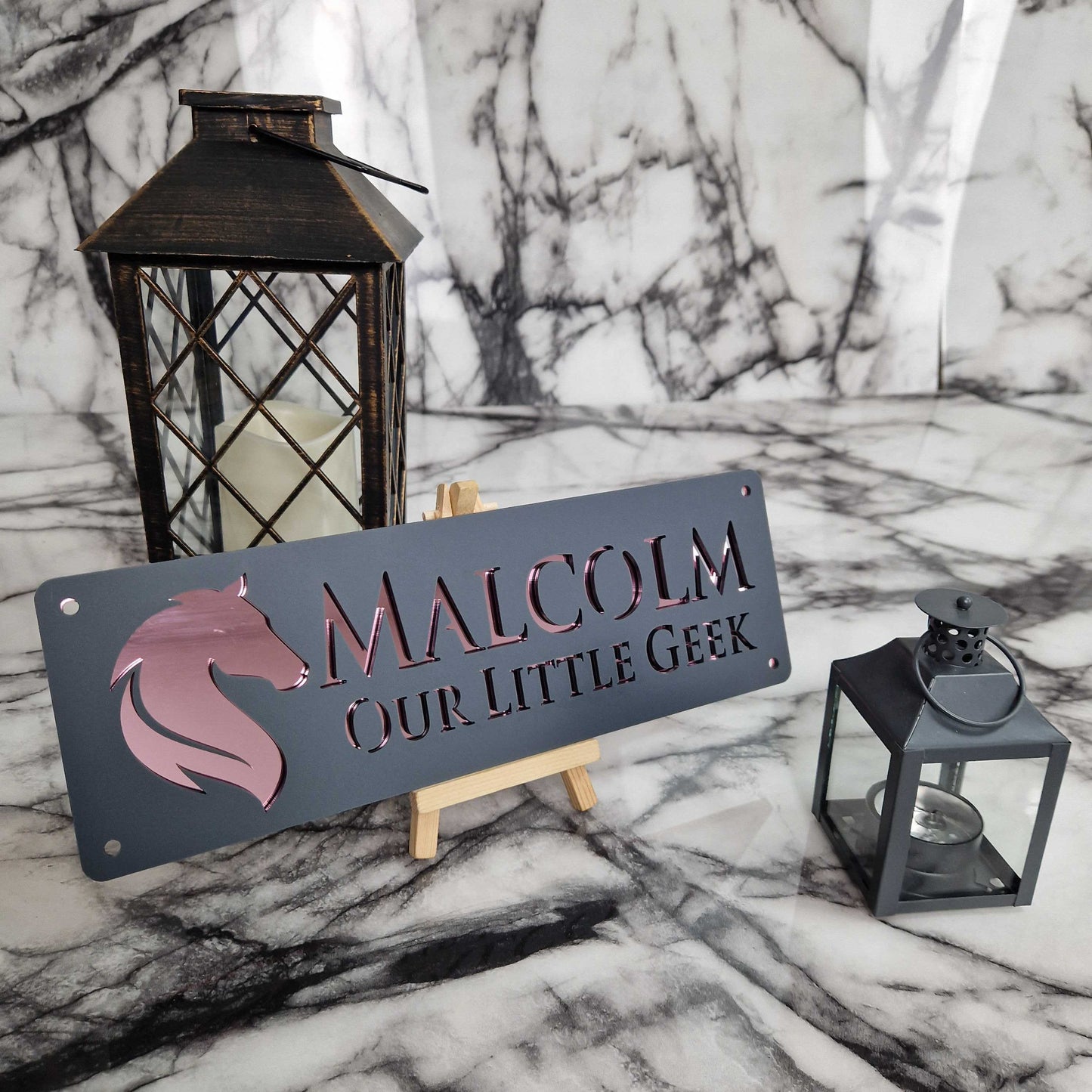 Anthracite Grey and Rose Gold Mirror Effect Laser Horse Stable Personalised Sign