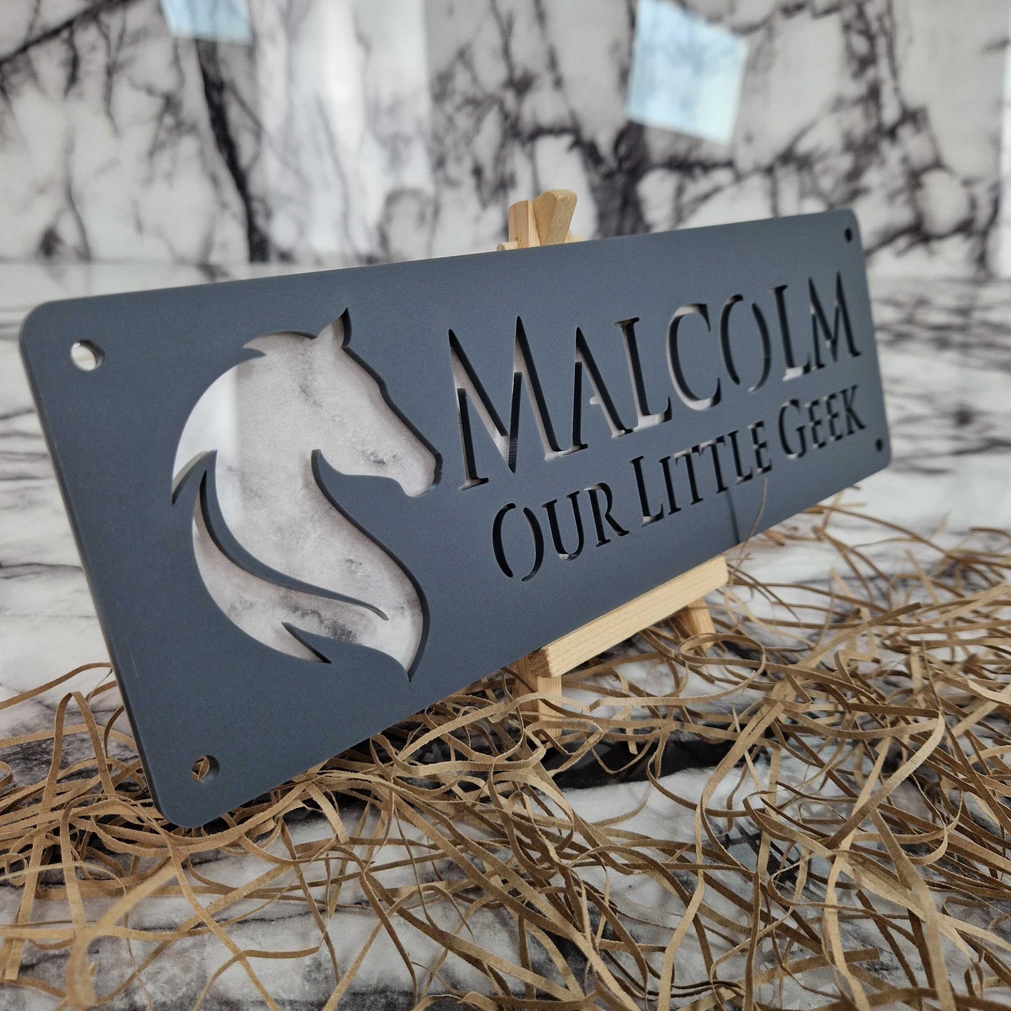 Matt Black and White Marble Effect Laser Horse Stable Personalised Sign