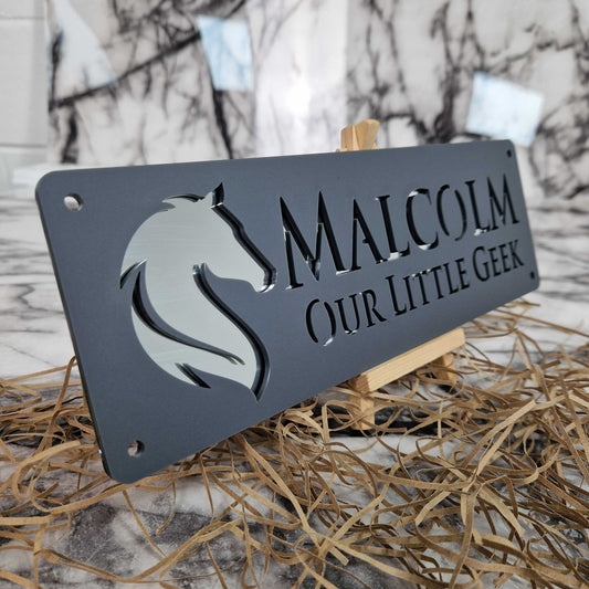 Anthracite Grey and Silver Mirror Laser Horse Stable Personalised Sign
