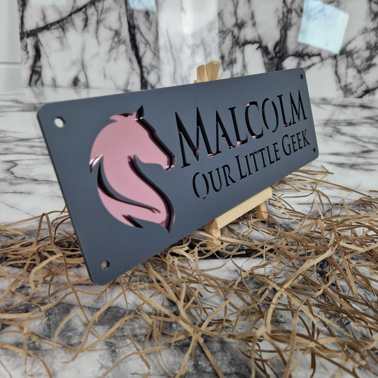 Anthracite Grey and Rose Gold Mirror Effect Laser Horse Stable Personalised Sign