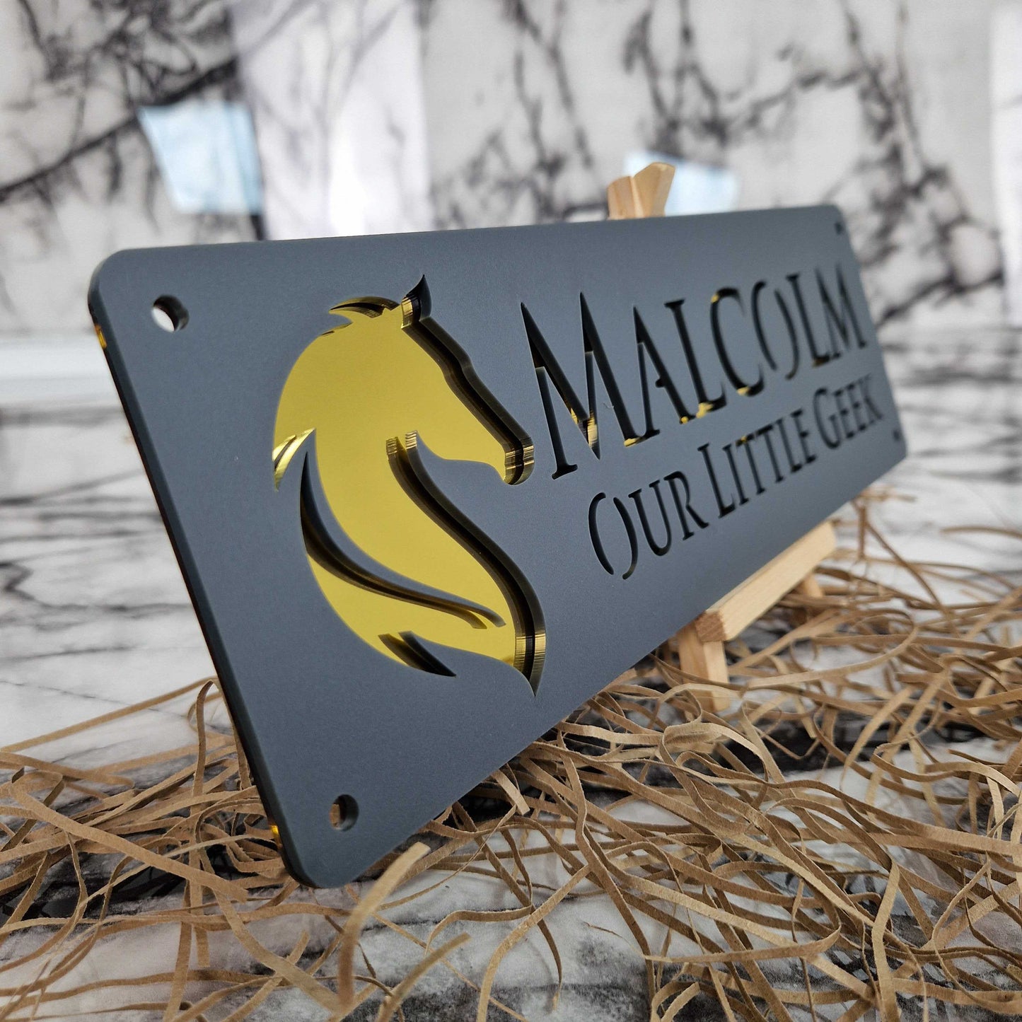 Anthracite Grey and Gold Mirror Effect Laser Horse Stable Personalised Sign