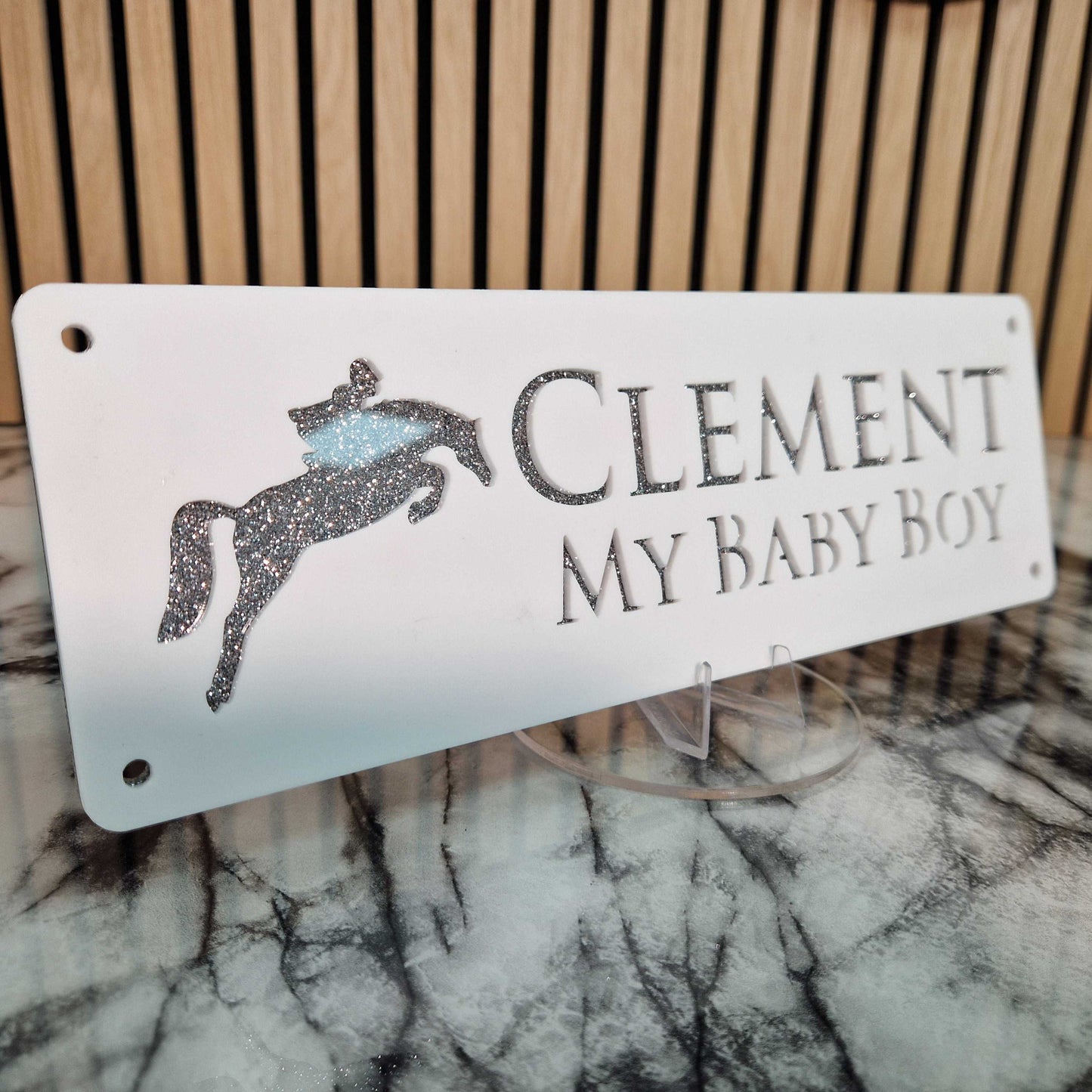 White and Silver Glitter Effect Laser Horse Stable Personalised Sign