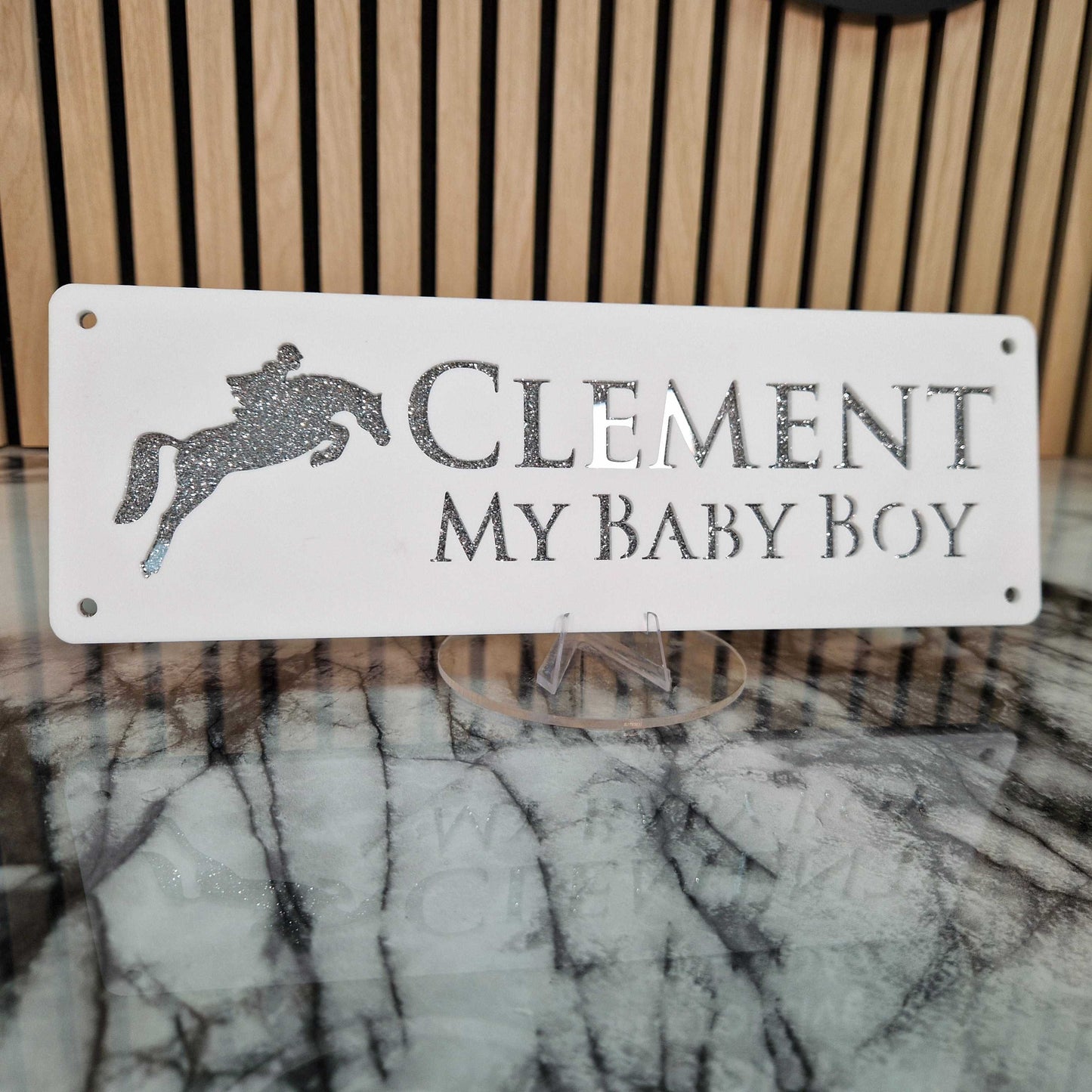 White and Silver Glitter Effect Laser Horse Stable Personalised Sign