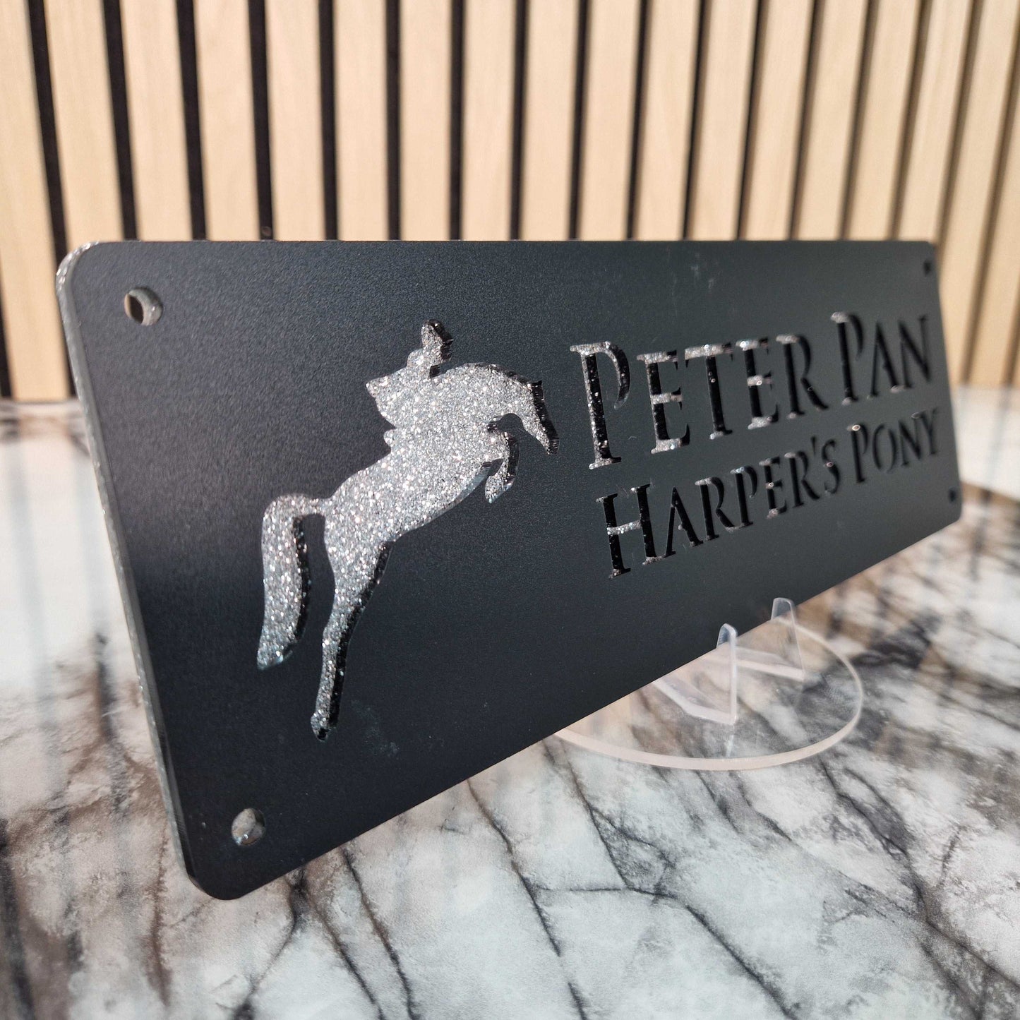 Black and Silver Glitter Effect Laser Horse Stable Personalised Sign