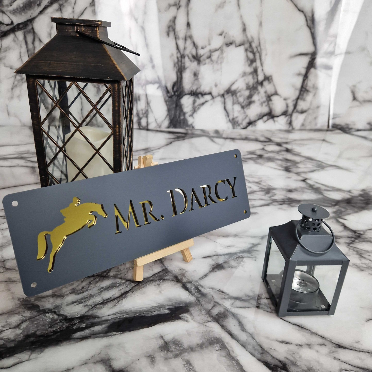 Anthracite Grey and Gold Mirror Effect Laser Horse Stable Personalised Sign
