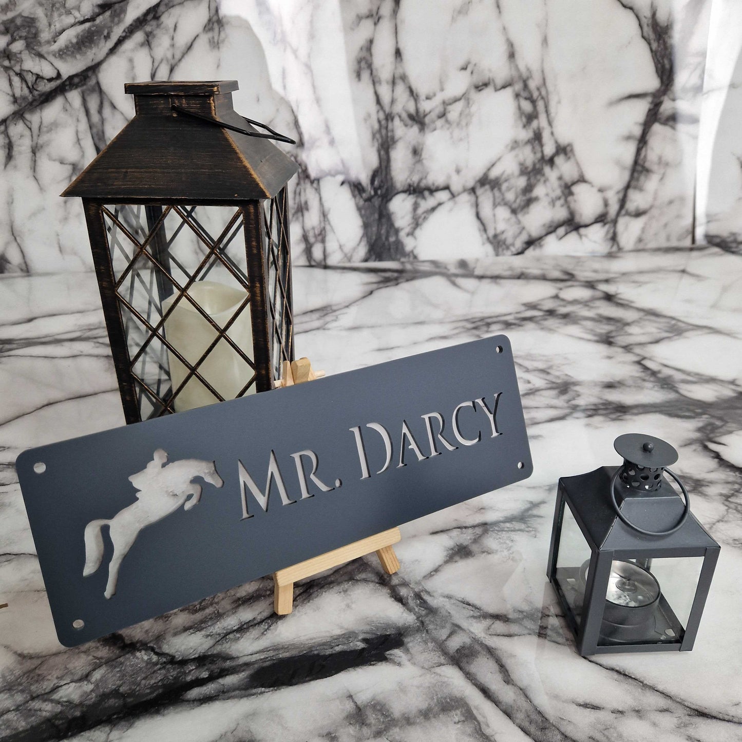 Matt Black and White Marble Effect Laser Horse Stable Personalised Sign